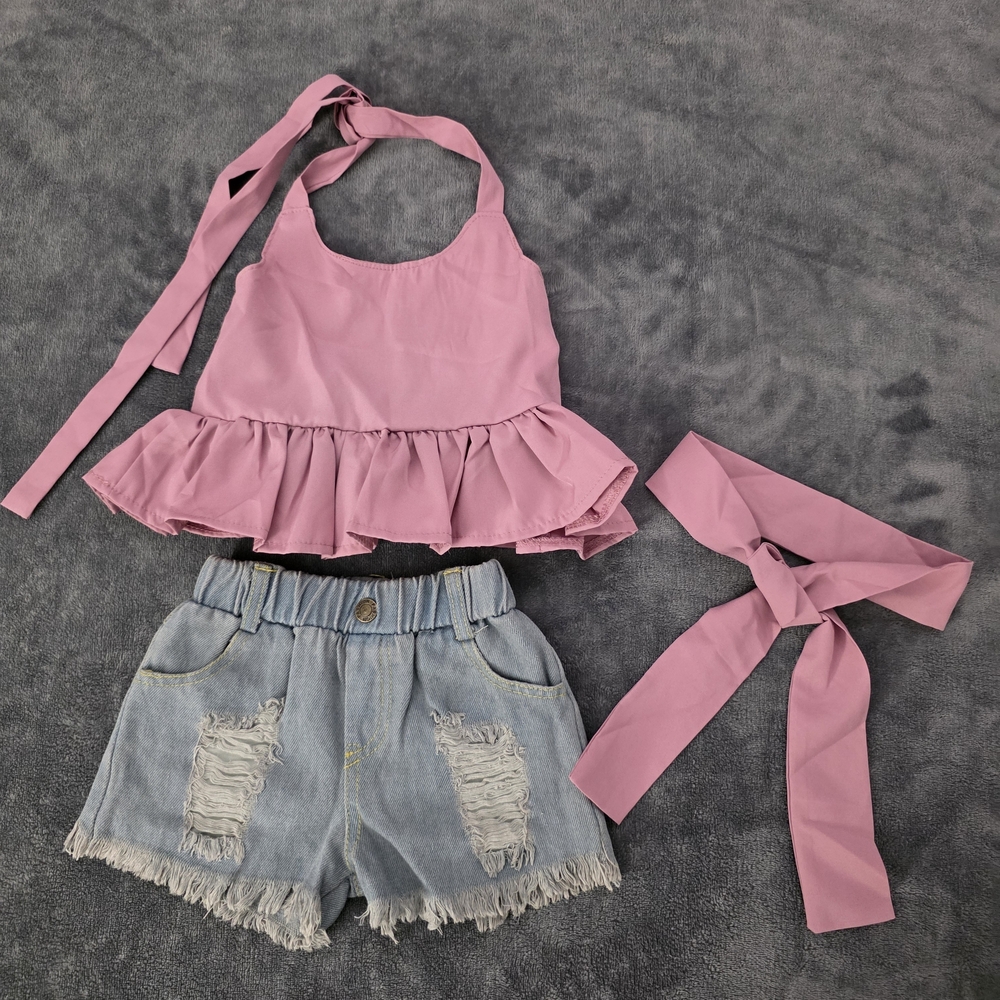 Pink Ruffle Top and Denim Shorts Set